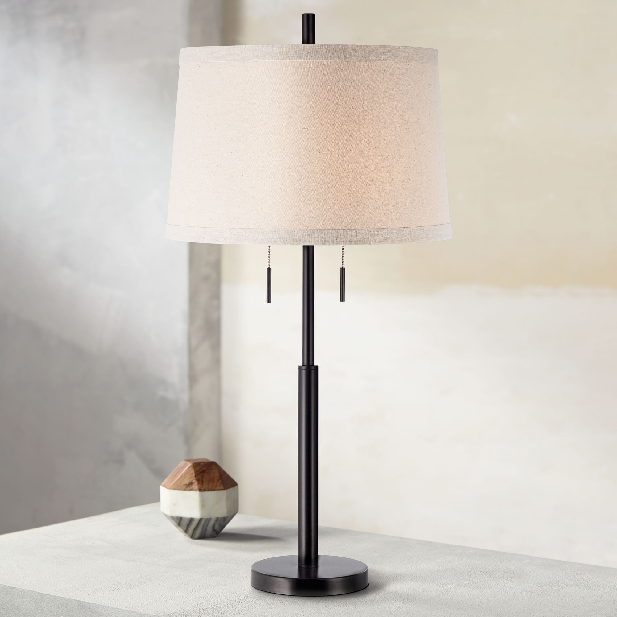 Tall Bronze Metal Table Lamp with Off-White Fabric Drum Shade
