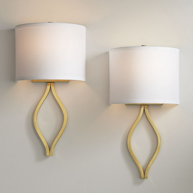 Possini Euro Design Sian Modern Wall Light Sconces Set of 2 Warm Brass  Hardwired 10 Fixture White Half-Moon Linen Shade for Bedroom 