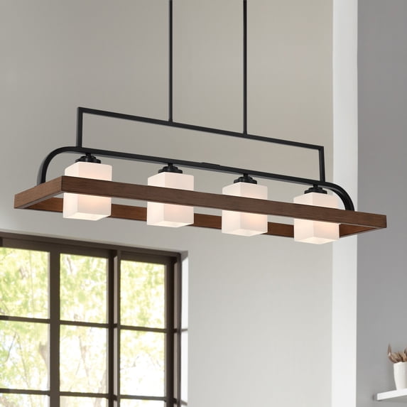 Possini Euro Design Spearhead Black Wood Linear Pendant Chandelier 42" Wide Modern White Glass 4-Light Dining Room Kitchen Island