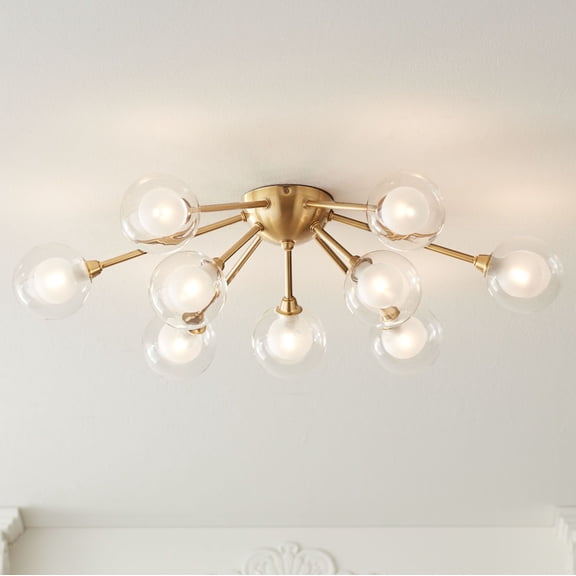 Possini Euro Design Spheres Modern Ceiling Light Flush Mount Fixture 28" Wide Warm Brass 9-Light LED Clear Globe Glass for Bedroom Kitchen Living Room