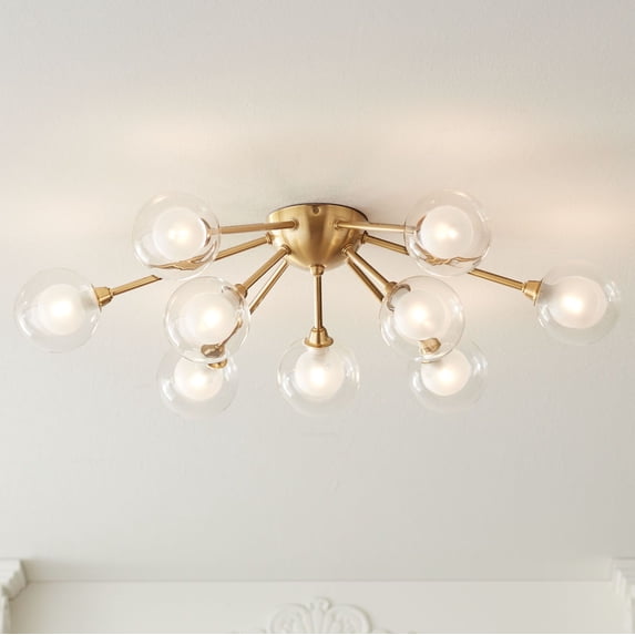 Possini Euro Design Spheres Modern Ceiling Light Flush Mount Fixture 28" Wide Warm Brass 9-Light LED Clear Globe Glass for Bedroom Kitchen Living Room