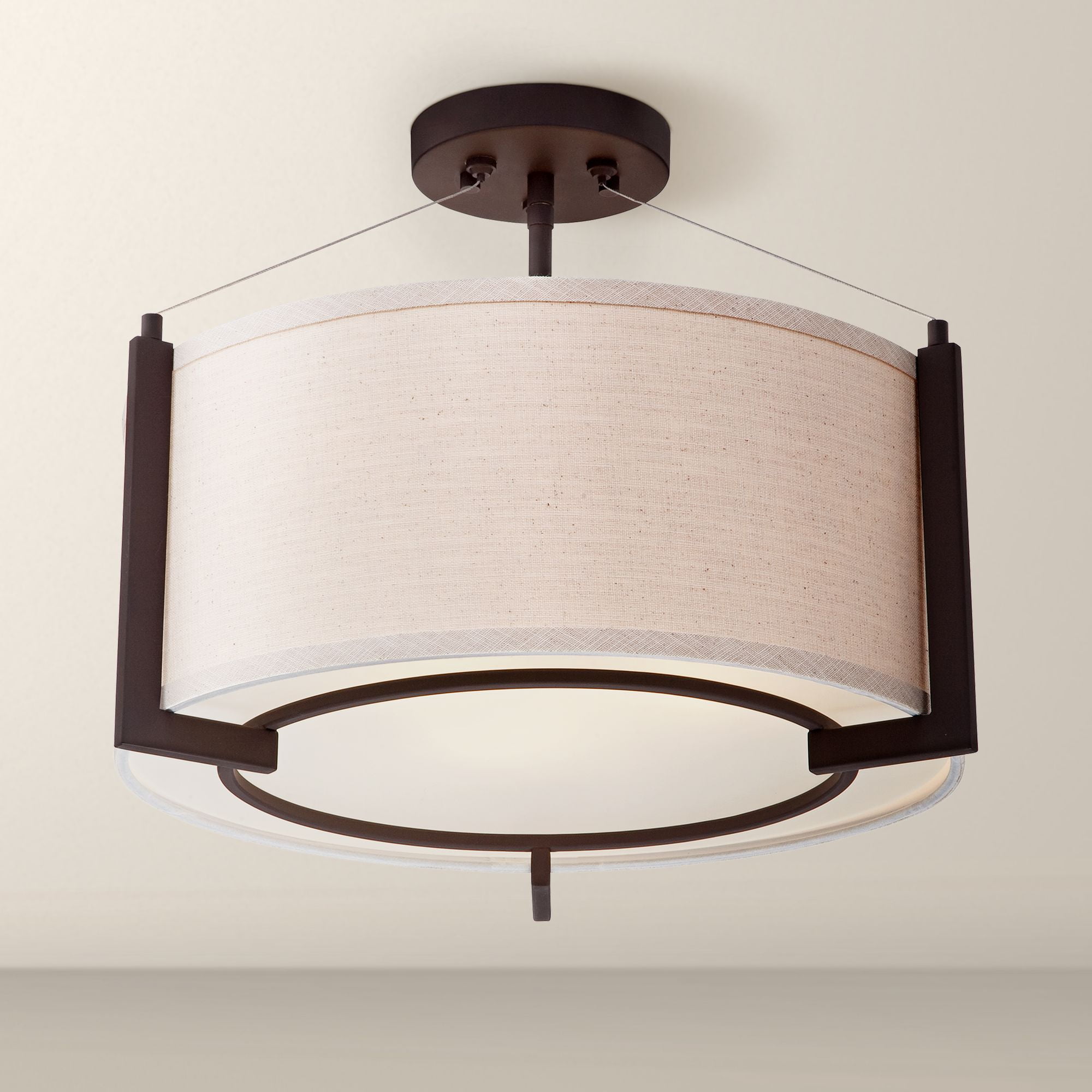 Bronze Semi Flush Mount Ceiling Light with Beige Linen Drum Shade