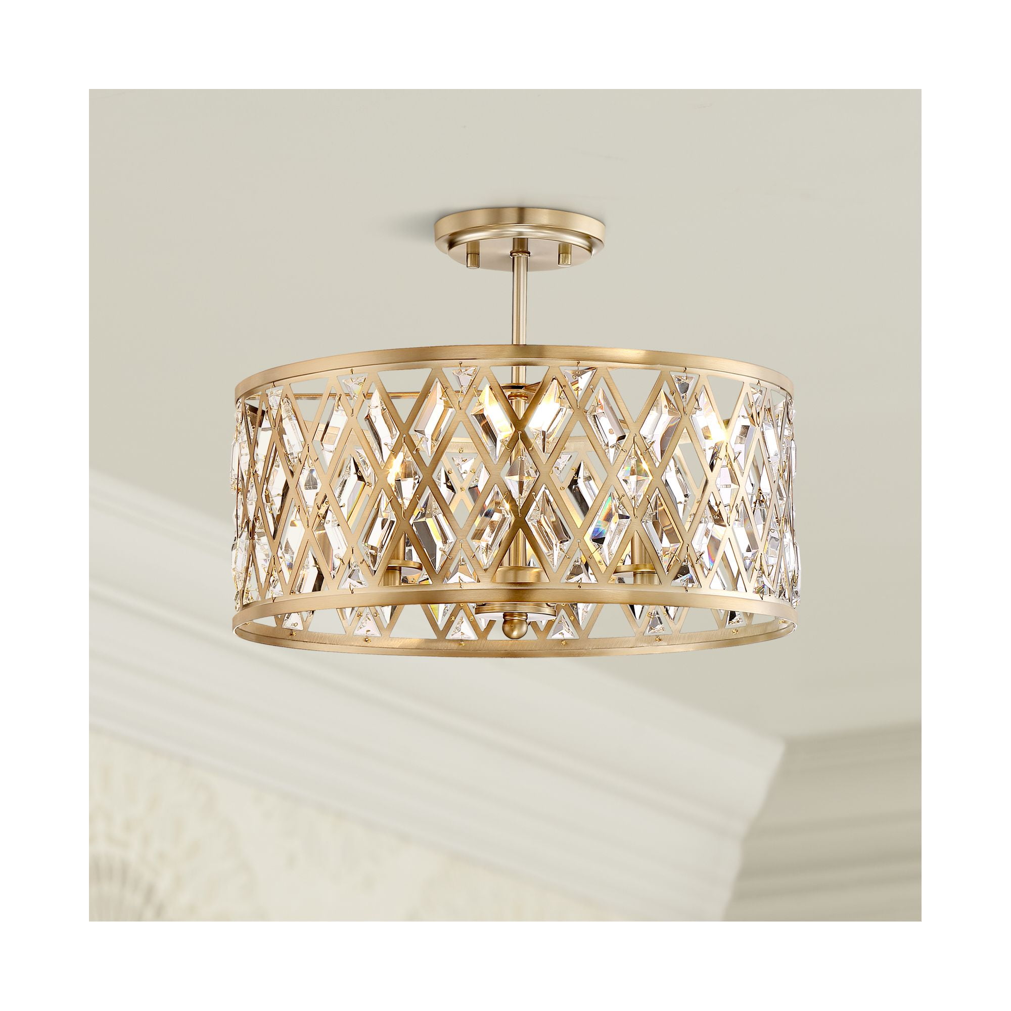 Satin Brass and Crystal Drum Semi-Flush Mount Ceiling Light