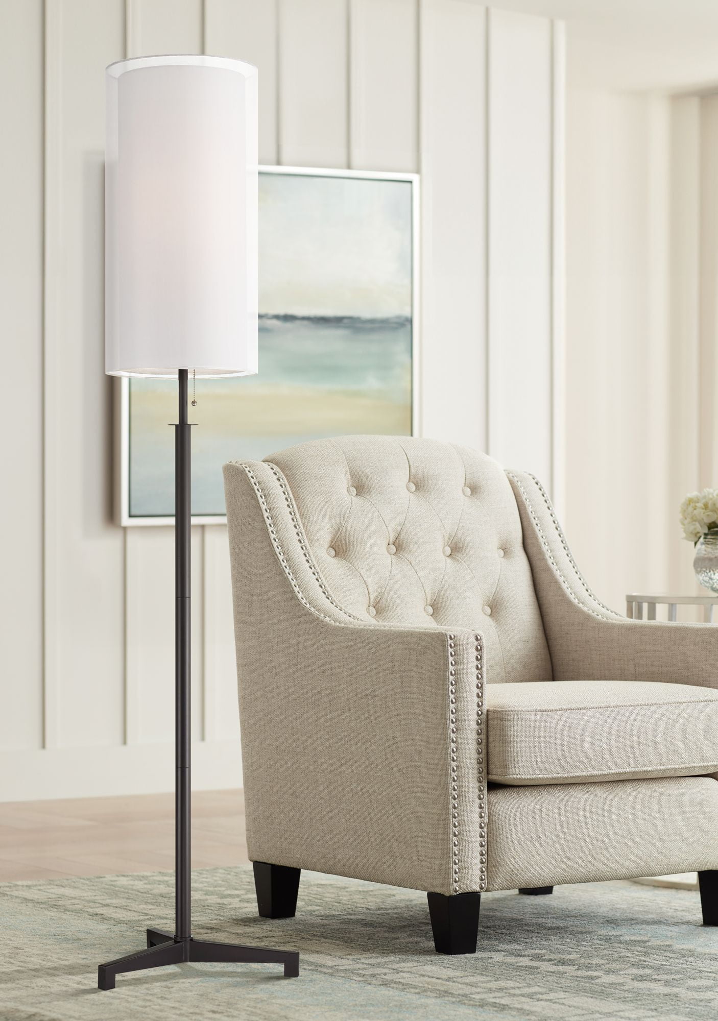 Tall Bronze Metal Tripod Floor Lamp with White Cylinder Shade
