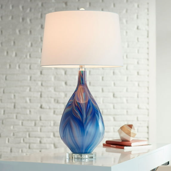 Possini Euro Design Taylor 29" Tall Teardrop Modern Coastal End Table Lamp Blue Art Glass Single White Shade Living Room Bedroom