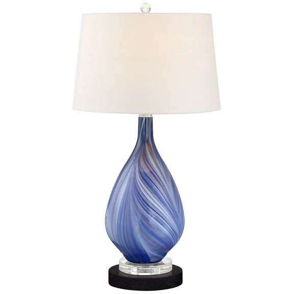 Possini Euro Design Taylor Modern Table Lamp with Round Black Marble Riser 29" Tall Blue Art Glass White Shade for Bedroom Living Room Bedside Office