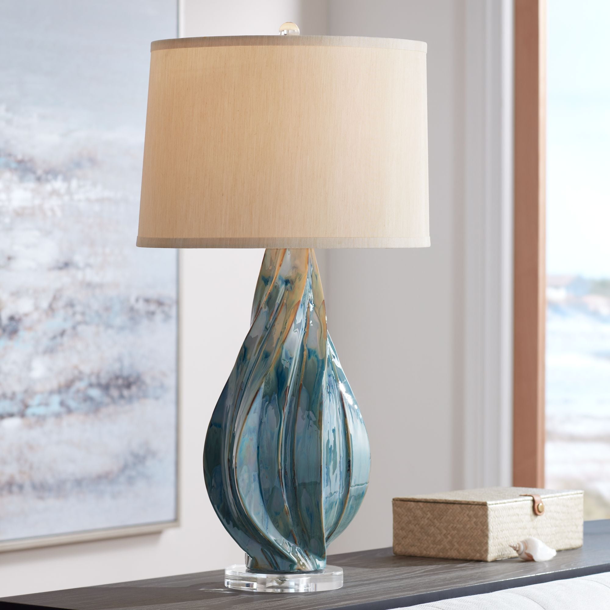 Possini Euro Design Teresa Modern Coastal Table Lamp 31" Tall Teal Blue Drip Ceramic Beige
