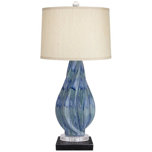 Possini Euro Design Teresa Modern Table Lamp with Square Black Marble Riser 31" Tall Teal Ceramic Beige Drum Shade for Bedroom Living Room Nightstand