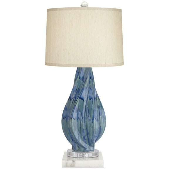 Possini Euro Design Teresa Modern Table Lamp with Square White Marble Riser 31" Tall Teal Ceramic Beige Drum Shade for Bedroom Living Room Nightstand