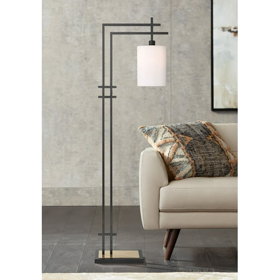 Possini Euro Design Torrance Modern Industrial 65" Tall Downbridge Arc Floor Lamp Matte Black Warm Gold Frosted Glass Shade for Living Room