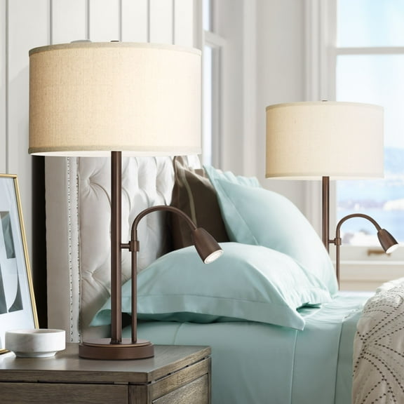 Possini Euro Design Traverse Modern Table Lamps 29" Tall Set of 2 with USB Charging Port Gooseneck LED Bronze Oatmeal Shade for Bedroom Living Room