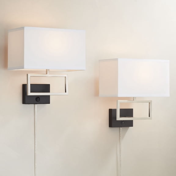 Possini Euro Design Trixie Modern Wall Lamps Set of 2 Smart Sockets Brushed Nickel Plug-In 12" Fixture Rectangular Shades for Bedroom