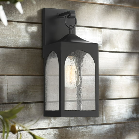 Possini Euro Design Tyne Modern Outdoor Wall Light Fixture Matte Black 16" Clear Seedy Glass for Post Exterior Barn Deck House Porch Yard Patio Home