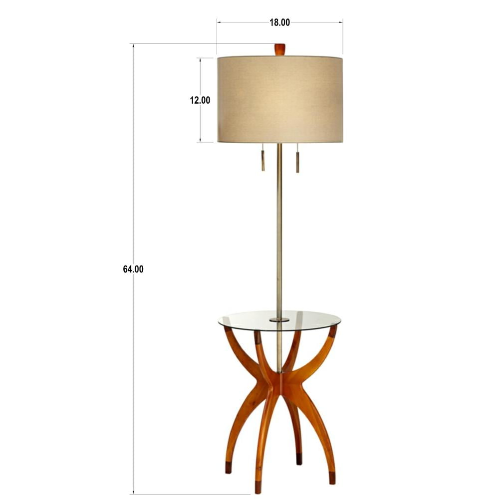Possini Euro Design Vanguard Mid Century Modern 64" Tall Standing Floor Lamp Tray Table Pull Chain Brown Wood Brass Finish Bedroom