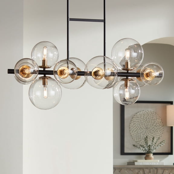 Possini Euro Design Vasa Black Gold Island Linear Pendant Chandelier 34" Wide Modern Clear Glass 12-Light Fixture for Dining Room