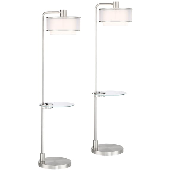 Possini Euro Design Vogue Modern Floor Lamps with Tray Tables 60" Tall Set of 2 Brushed Nickel USB Charging Port Double Shade for Living Room Bedroom