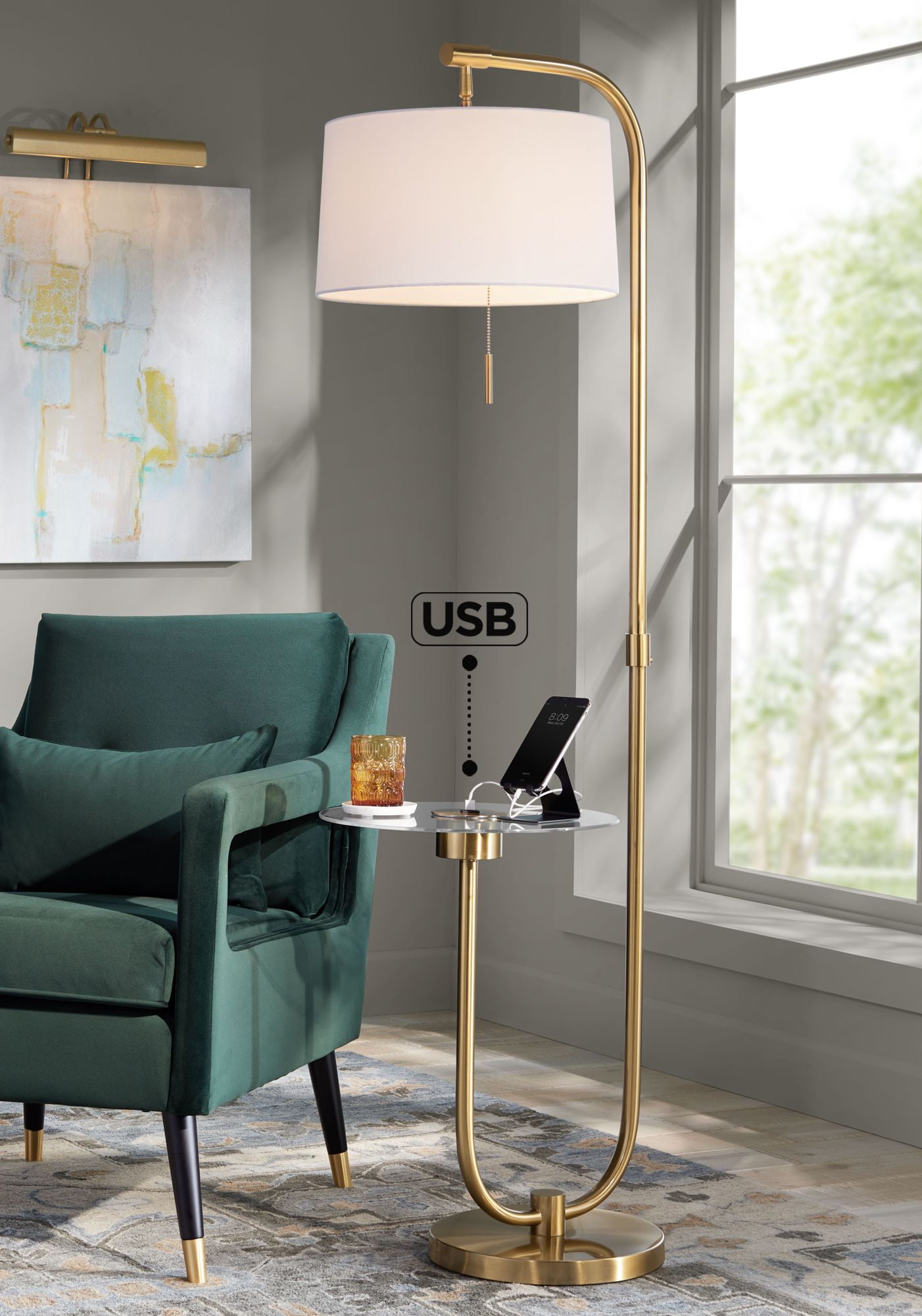 Antique Brass Arc Floor Lamp with White Linen Shade and Glass Tray