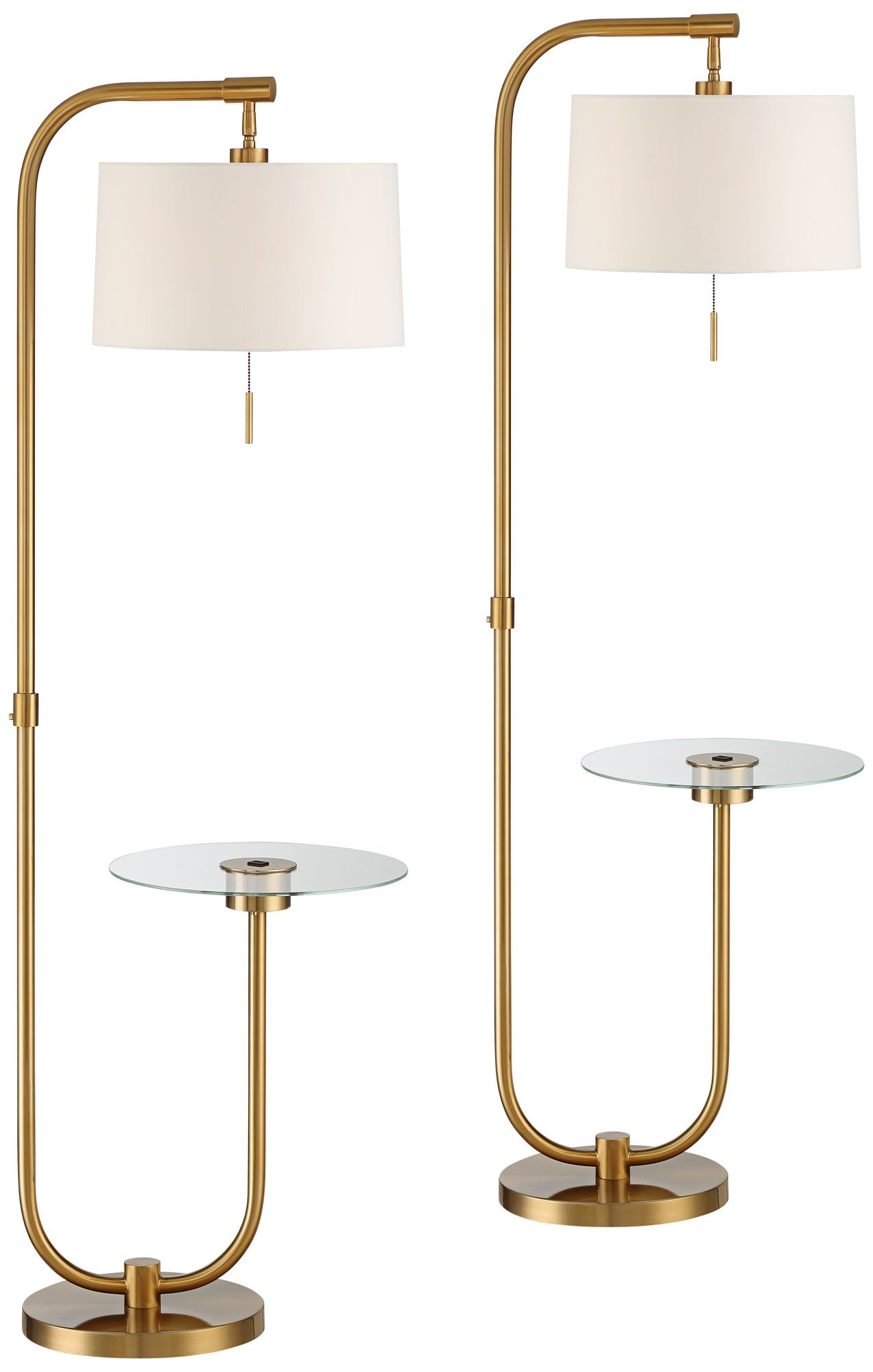 Brass Arc Floor Lamps with White Linen Shades and Glass Tray Tables