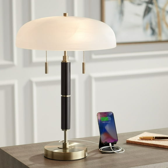 Possini Euro Design Wyndham 23" High Mid Century Modern Desk Lamp Dual USB Ports Black Metal Glass Dome Shade Home Office Charging