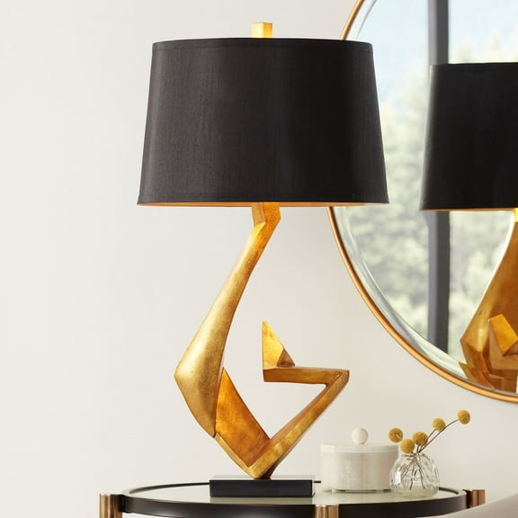 Possini Euro Design Zeus Modern Mid Century Table Lamp 28 1/2" Tall Sculptural Gold Leaf Metal Black Drum Shade Bedroom Living Room Bedside Nightstand