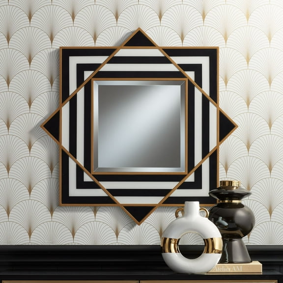 Possini Euro Design Zorra Square Decorative Wall Mirror Modern Glam Black White Gold Wood Frame 36" Wide Bedroom