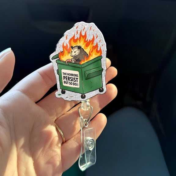 Possum Dumpster Fire Badge Reel, Funny Workplace ID Holder with Belt Clip