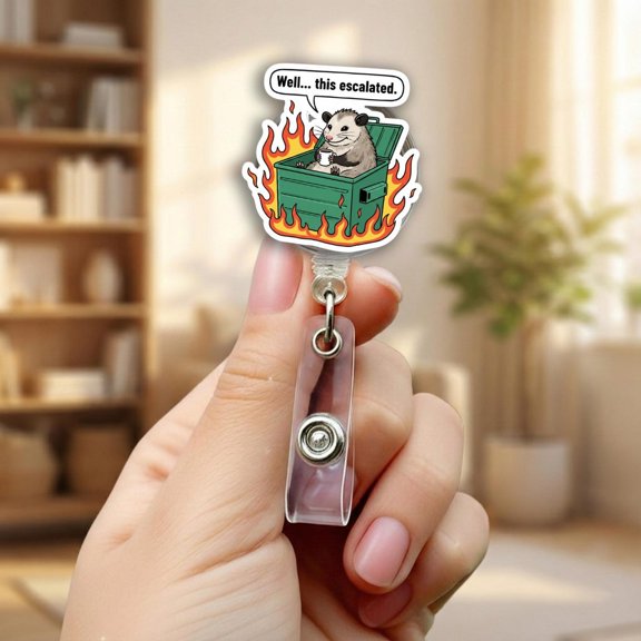 Possum Dumpster Fire Badge Reel, Retractable ID Holder with Belt Clip