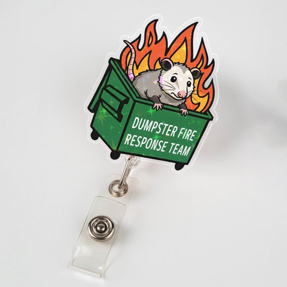 Possum Dumpster Fire Response Team Badge Reel, Funny Opossum ID Clip