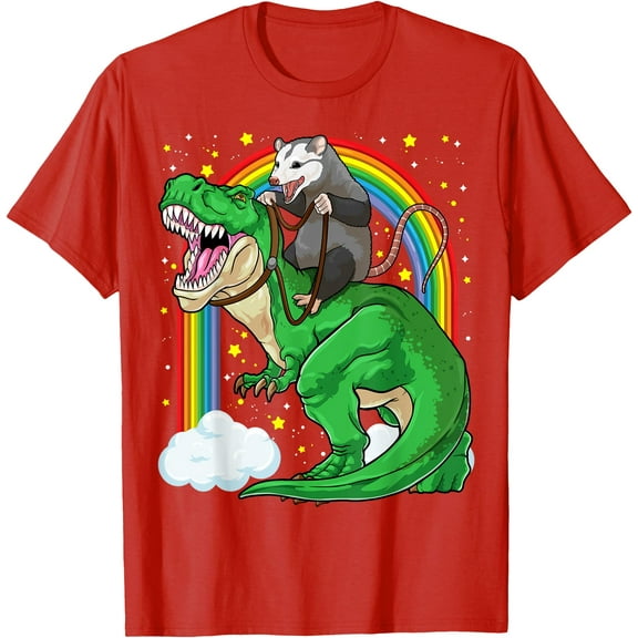 Possum Opossum Riding Dinosaur T Rex Trash Unisex T-Shirt for Men Women Kids Toddler,Red Color,Size XL