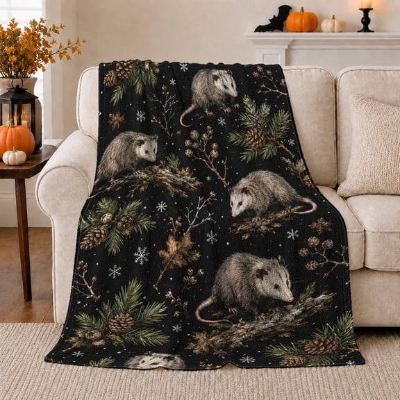 Possums in a Dark Forest with Pine Branches, Mystical Woodland Wildlife Pattern for Possum Lovers, Housewarming Gift, Warm Flannel Blanket for Cabin and Lodge, Rustic Home Decor