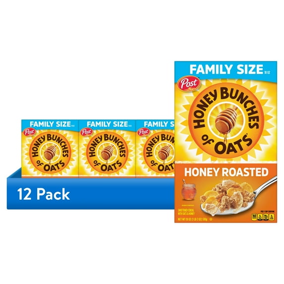 (12 pack) Honey Bunches of Oats Honey Roasted Breakfast Cereal with Oats and Granola Clusters, 18 oz Box
