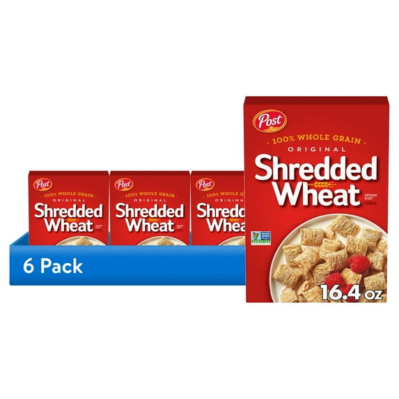 (6 pack) Post Spoon Size Shredded Wheat, Whole Grain Breakfast Cereal, High Fiber, Kosher, Crunchy 16.4oz Box