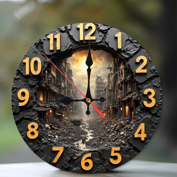Post Apocalyptic Cityscape Wall Clock Ruin Decor 10-Inch Silent Wooden Wall Clock, Battery Operated (AA Batteries Not Included), Artistic Home Decor