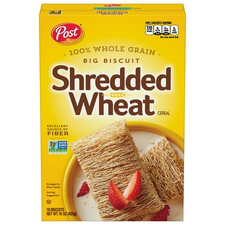 Post Big Biscuit Shredded Wheat Breakfast Cereal, Whole Grain, No Sugar Added, Crunchy 15 oz Box