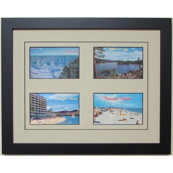 Post Card Frame for Four (4) 3.5" X 5.5" Post Cards Black Frame with Tan (Black Trim) Matting