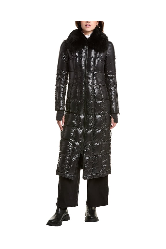 womens Alpaca-Trim Down Jacket, 42, Black