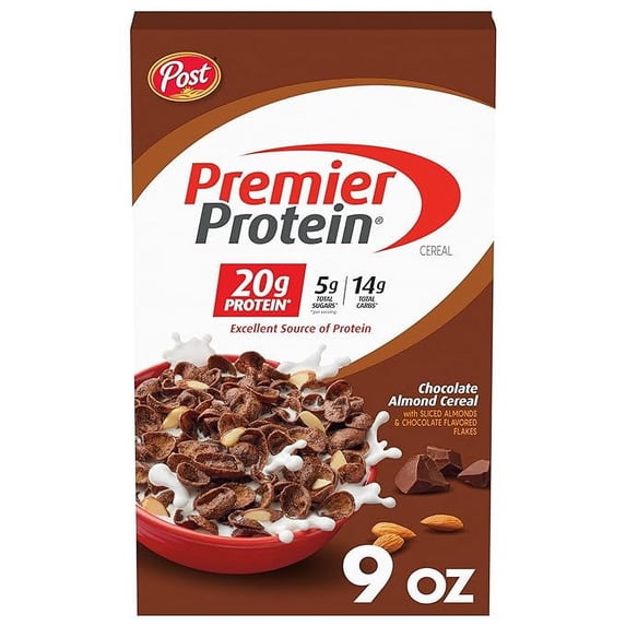 Post Chocolate Almond Cereal, Chocolatey Protein Cereal Flakes with Sliced Almonds, Contains 20g of Protein Per Serving, 9 OZ Box Pack of 1
