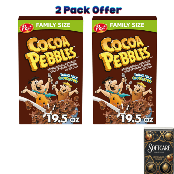 Post Cocoa PEBBLES Breakfast Cereal, Gluten Free & Chocolatey, Family Size Box, 19.5 oz ( Include One Tissue Pack )