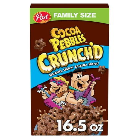 Post Cocoa PEBBLES Crunch'D Breakfast Cereal, Chocolatey Family Size Cereal, 16.5 oz Box