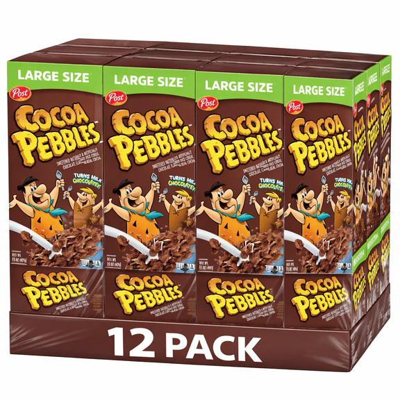 Post Cocoa Pebbles Chocolate Breakfast Cereal, 15 oz Boxes, 12 Count Case