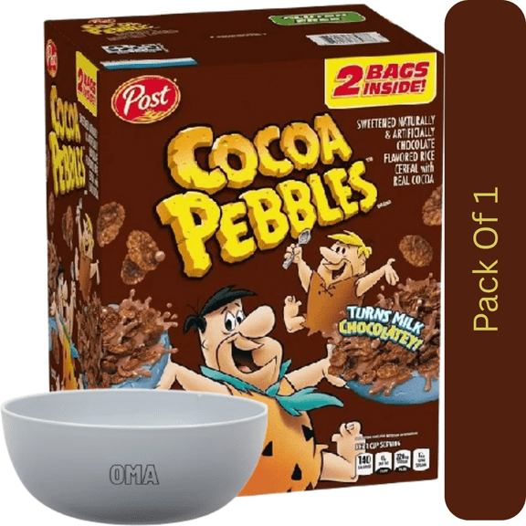Post Cocoa Pebbles Chocolatey Rice Cereal, 38 oz Family Size With White Bowl By OMA