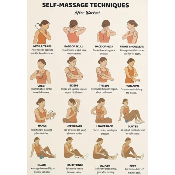 Post Exercise Self Massage Technique Chart Poster, Post Exercise Massage Practice Poster, Fitness Exercise Chart Poster