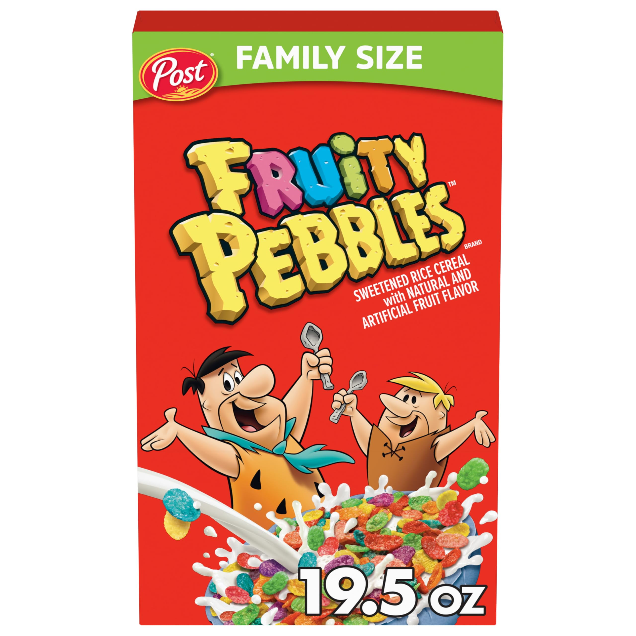 Post Fruity PEBBLES Cereal, AIF4&nbsp;Fruity Kids Cereal, Gluten Free Rice Cereal for Kids, 19.5 OZ Family Size Cereal Box