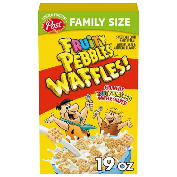 Post Fruity PEBBLES Waffles Cereal, Fruity Cereal, Crunchy, 19 oz Box
