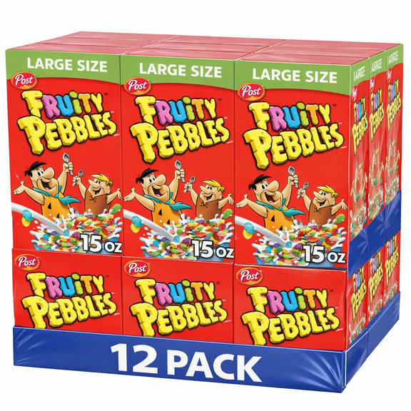 Post Fruity Pebbles Breakfast Cereal, 15 oz Boxes, 12 Count Case
