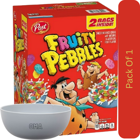 Post Fruity Pebbles Sweetened Rice Cereal, 38 oz Family Size With White Bowl By OMA