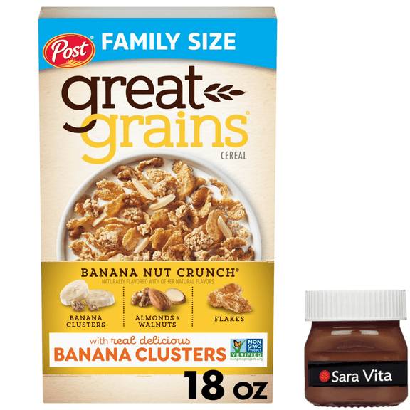 Post Great Grains Banana Nut Crunch, Non-GMO, Heart Healthy,Whole Grain Cereal, Crunchy 18 oz Box
