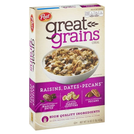 Post Great Grains Crunchy Breakfast Cereal, Raisins, Dates & Pecans, Instant 16 oz Cardboard Box