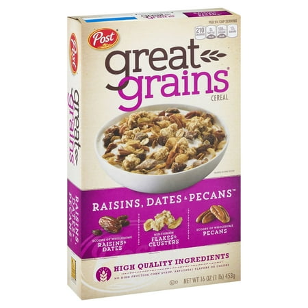Post Great Grains Crunchy Breakfast Cereal, Raisins, Dates & Pecans, Instant 16 oz Cardboard Box