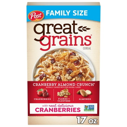 Post Great Grains Cranberry Almond Crunch Cereal, Heart Healthy, Whole Grain, Crunchy 17oz Box